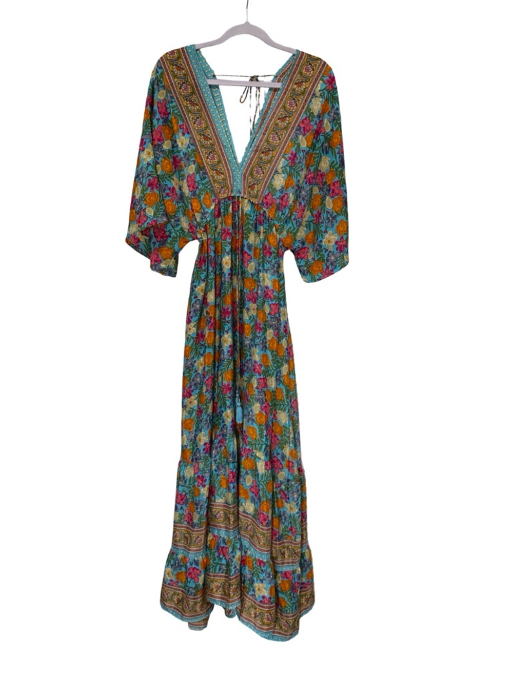 Zury Silk Boho Maxi Dress | 70% Silk Floral Paisley Tiered V-Neck Gown - Size M - Picture 2 of 6